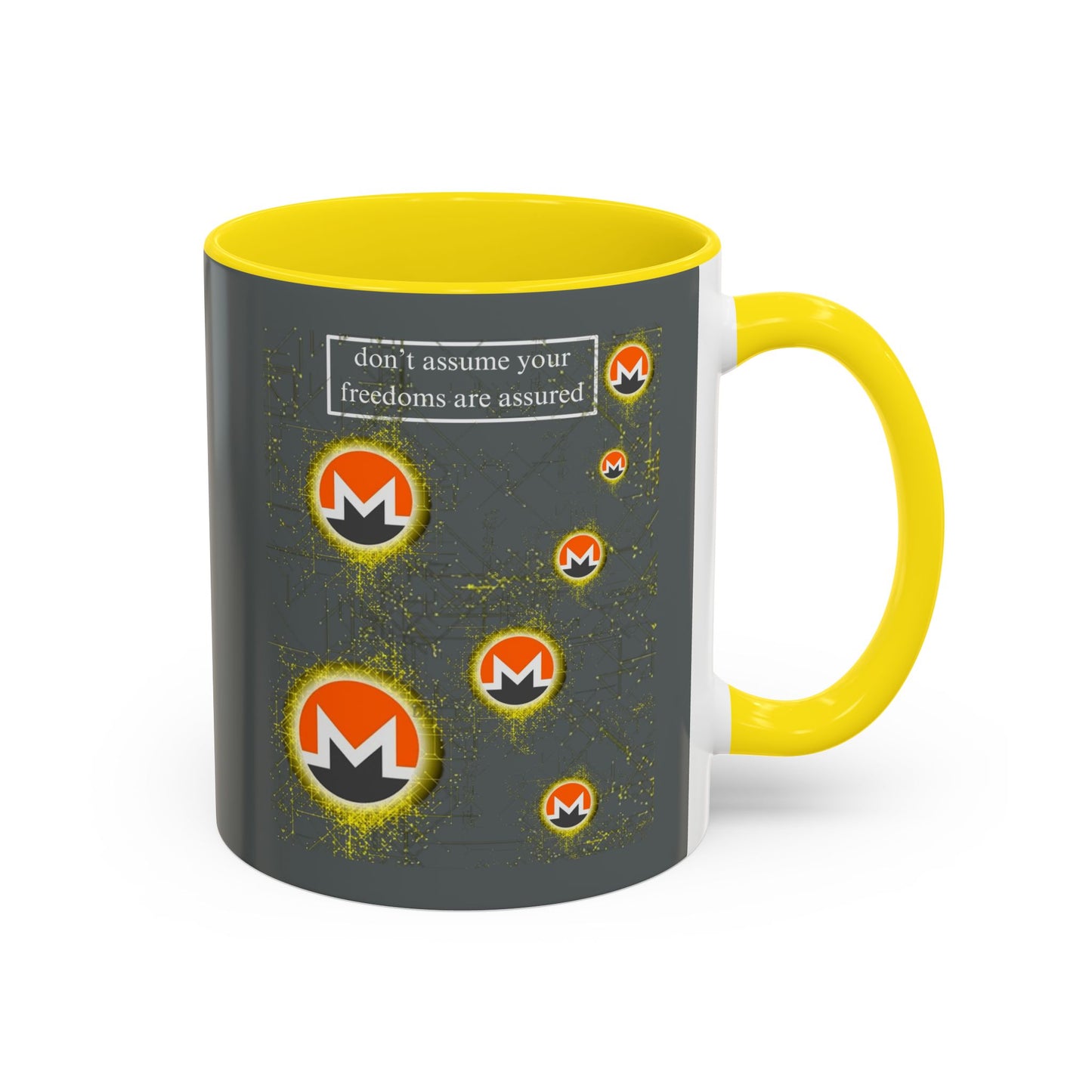 Monero (XMR) don't assume your freedoms are assured Grey Accent Mug by cypherpunkgear.com