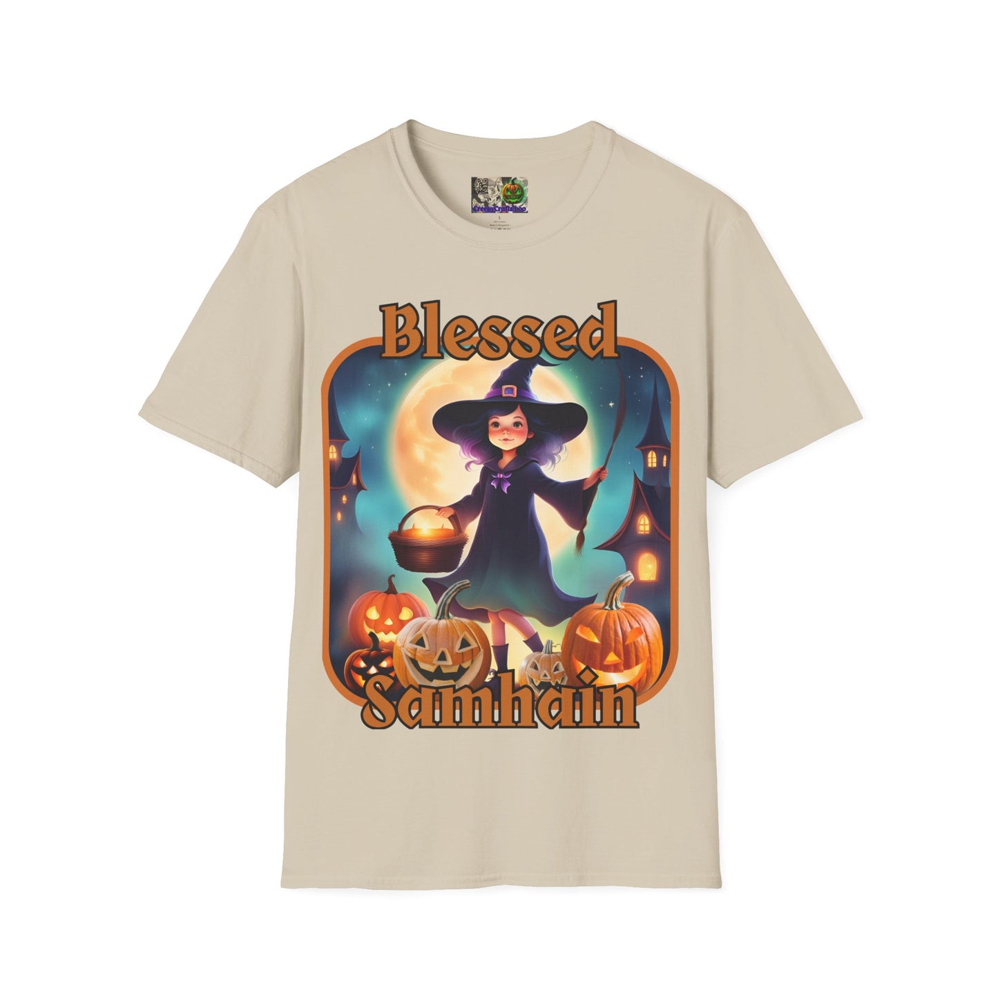 Blessed Samhain Little Witch Orange font Light colors Unisex T-Shirt by CreepyCrafts.boo