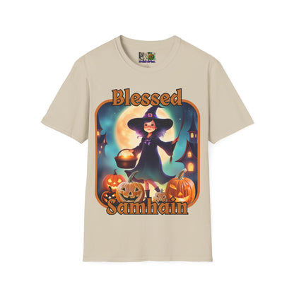 Blessed Samhain Little Witch Orange font Light colors Unisex T-Shirt by CreepyCrafts.boo