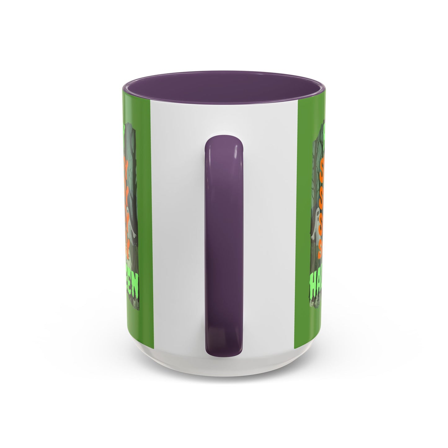 Spooky Happy Halloween Ghost Green font Green Accent Mug by CreepyCrafts.boo