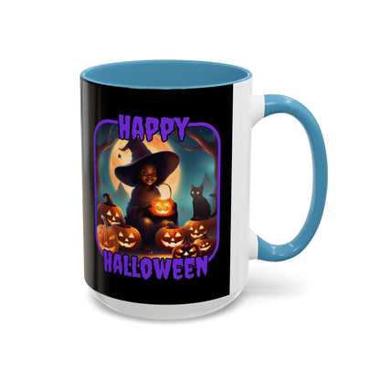 Happy Halloween Cute Witch Purple font Black Accent Mug by CreepyCrafts.boo