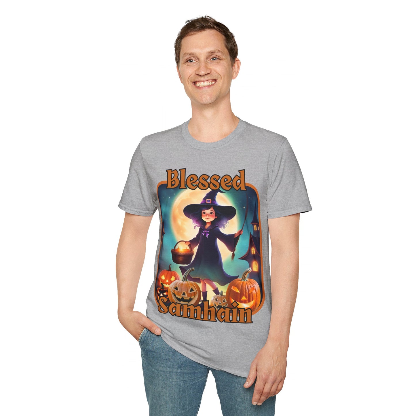 Blessed Samhain Little Witch ORfont LTcolors Unisex T-Shirt by cypherpunkgear