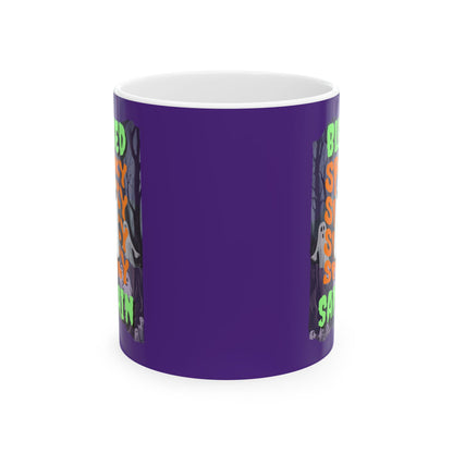 Spooky Blessed Samhain Ghost Green font Purple Mug by CreepyCrafts.boo