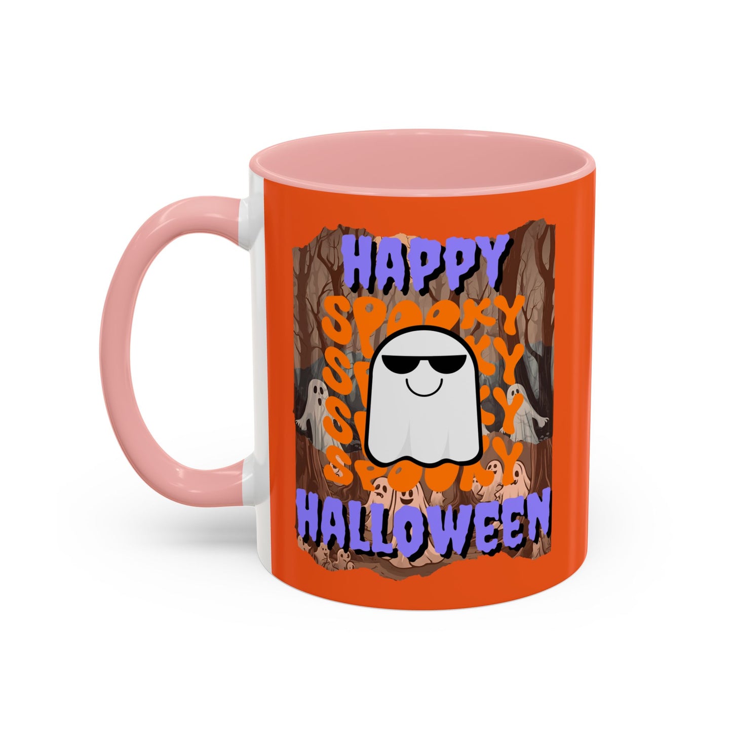 Spooky Happy Halloween Ghost Purple font Orange Accent Mug by CreepyCrafts.boo