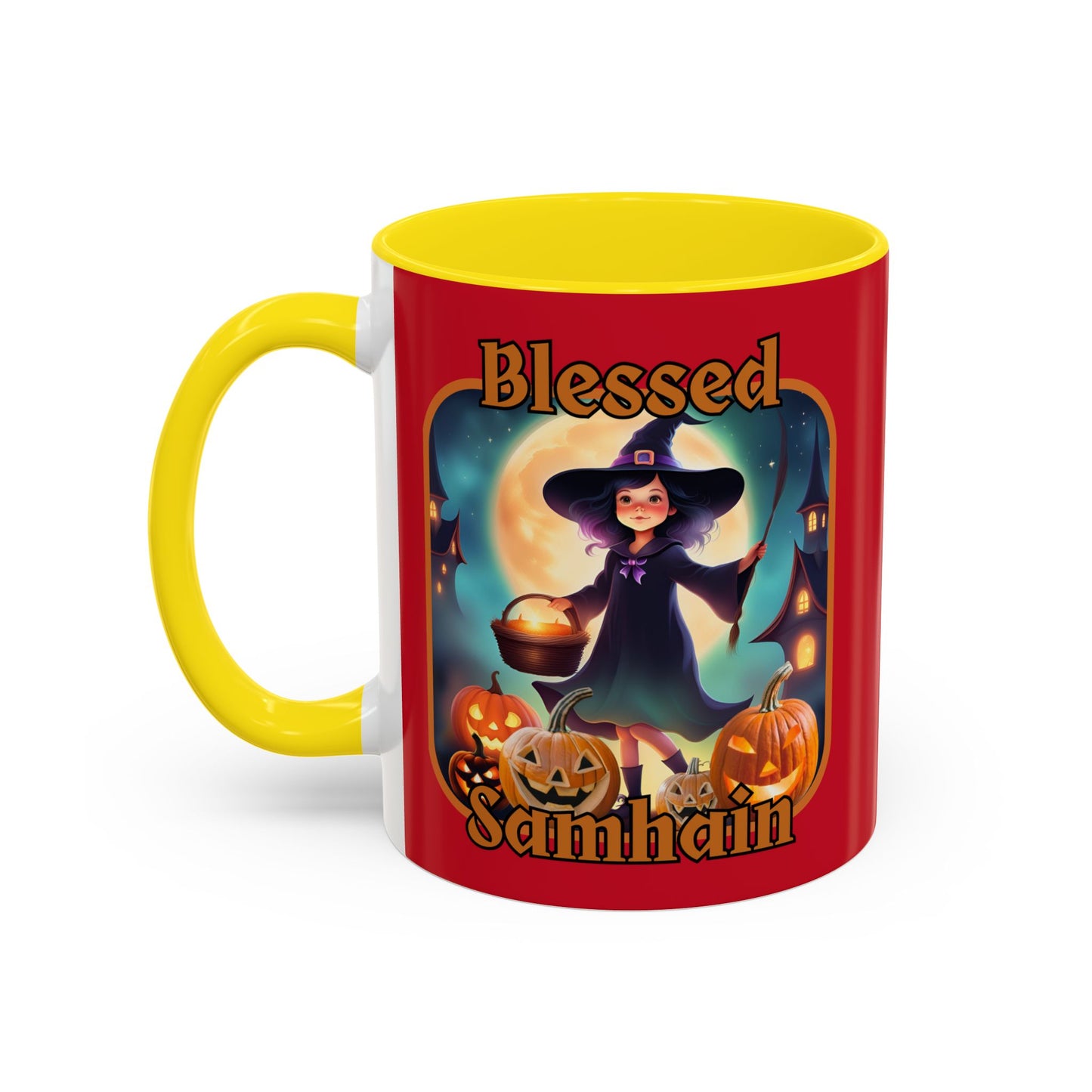 Blessed Samhain Little Witch Orange font Red Accent Mug by CreepyCrafts.boo
