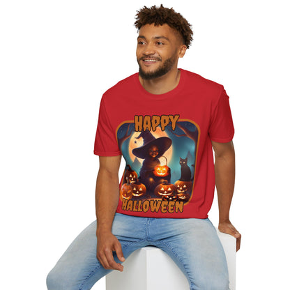 Happy Halloween Cute Witch Orange font, Light colors, Unisex T-Shirt by CreepyCrafts.boo