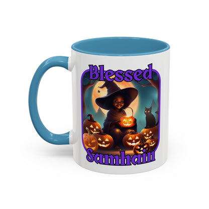 Blessed Samhain Cute Witch Purple font White Accent Mug by CreepyCrafts.boo