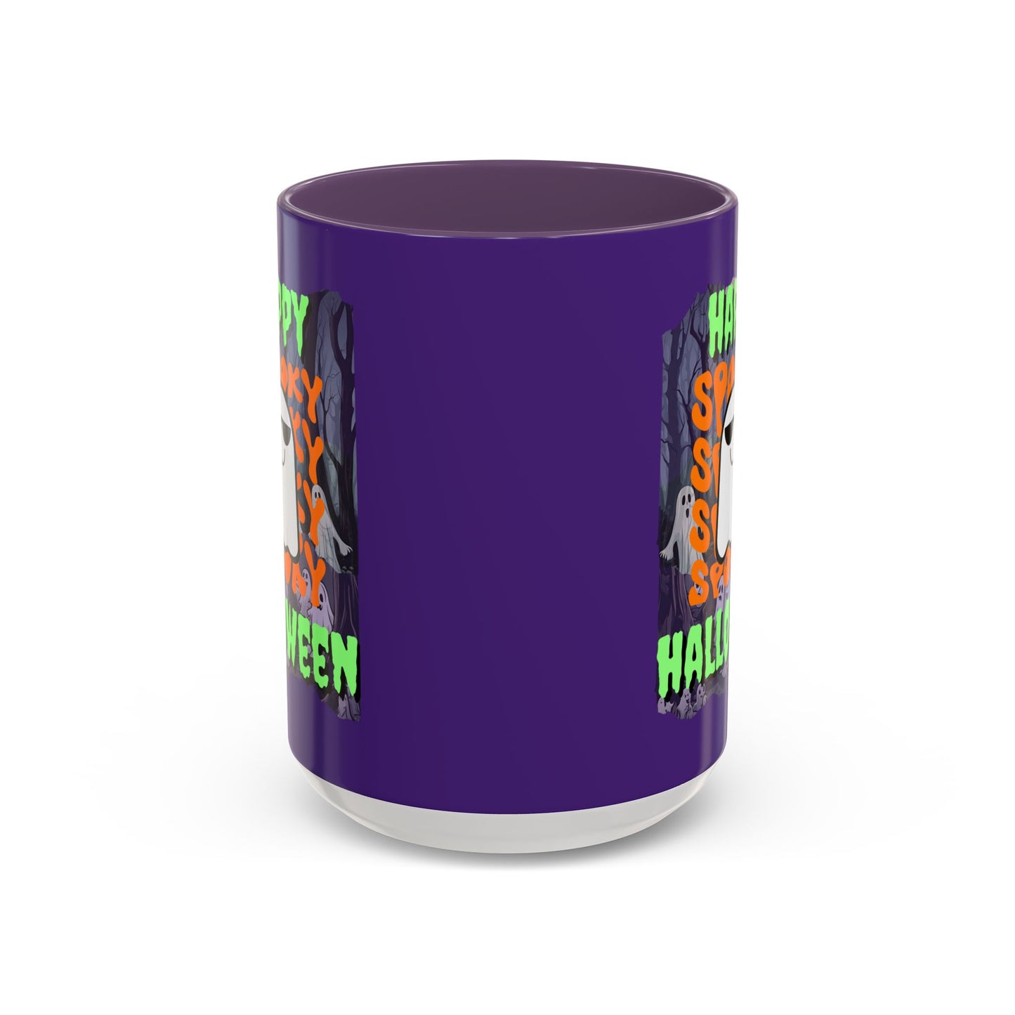 Spooky Happy Halloween Ghost Green font Purple Accent Mug by CreepyCrafts.boo