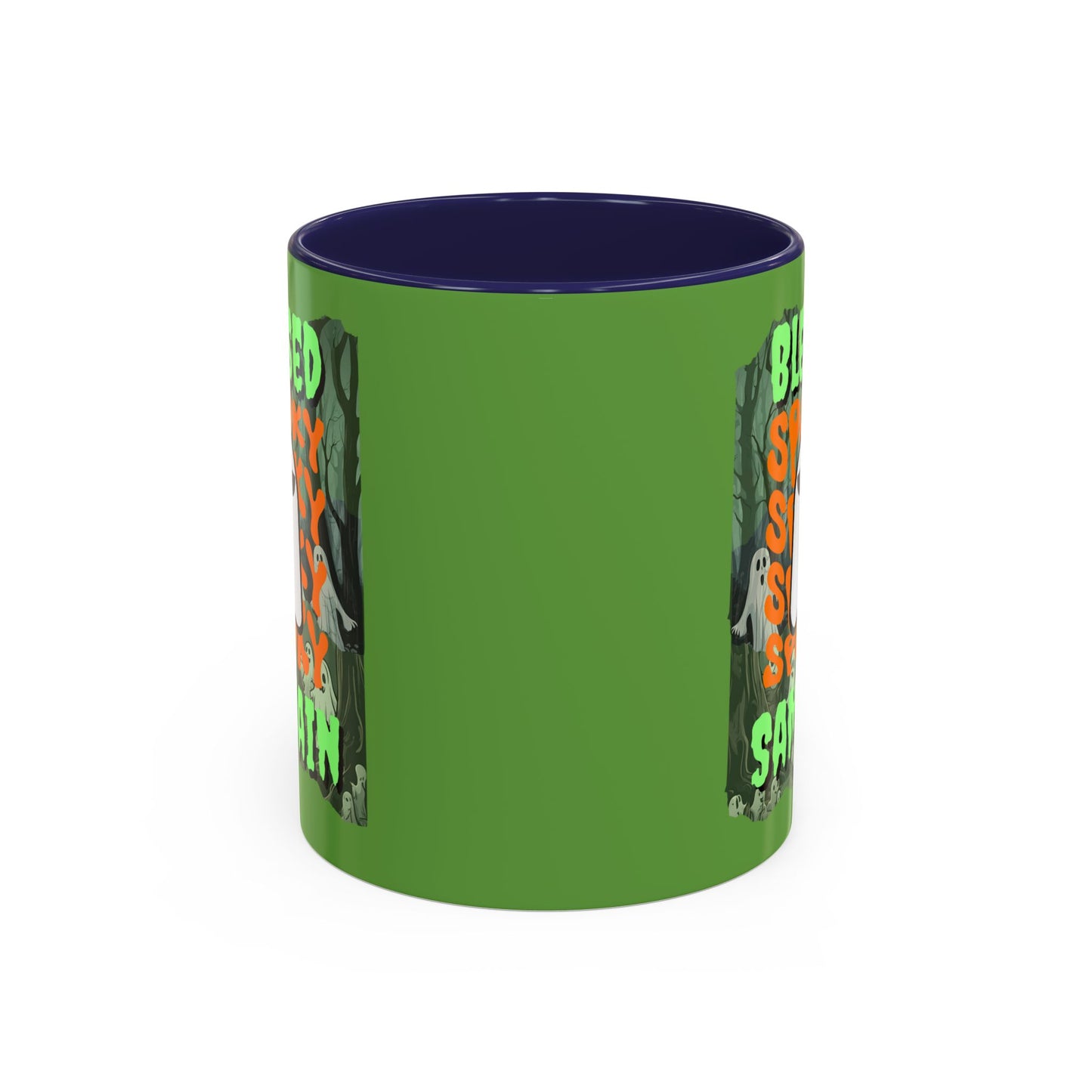 Spooky Blessed Samhain Ghost Green font Accent Mug by CreepyCrafts.boo