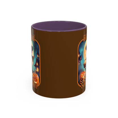 Blessed Samhain Little Witch Orange font Brown Accent Mug by CreepyCrafts.boo