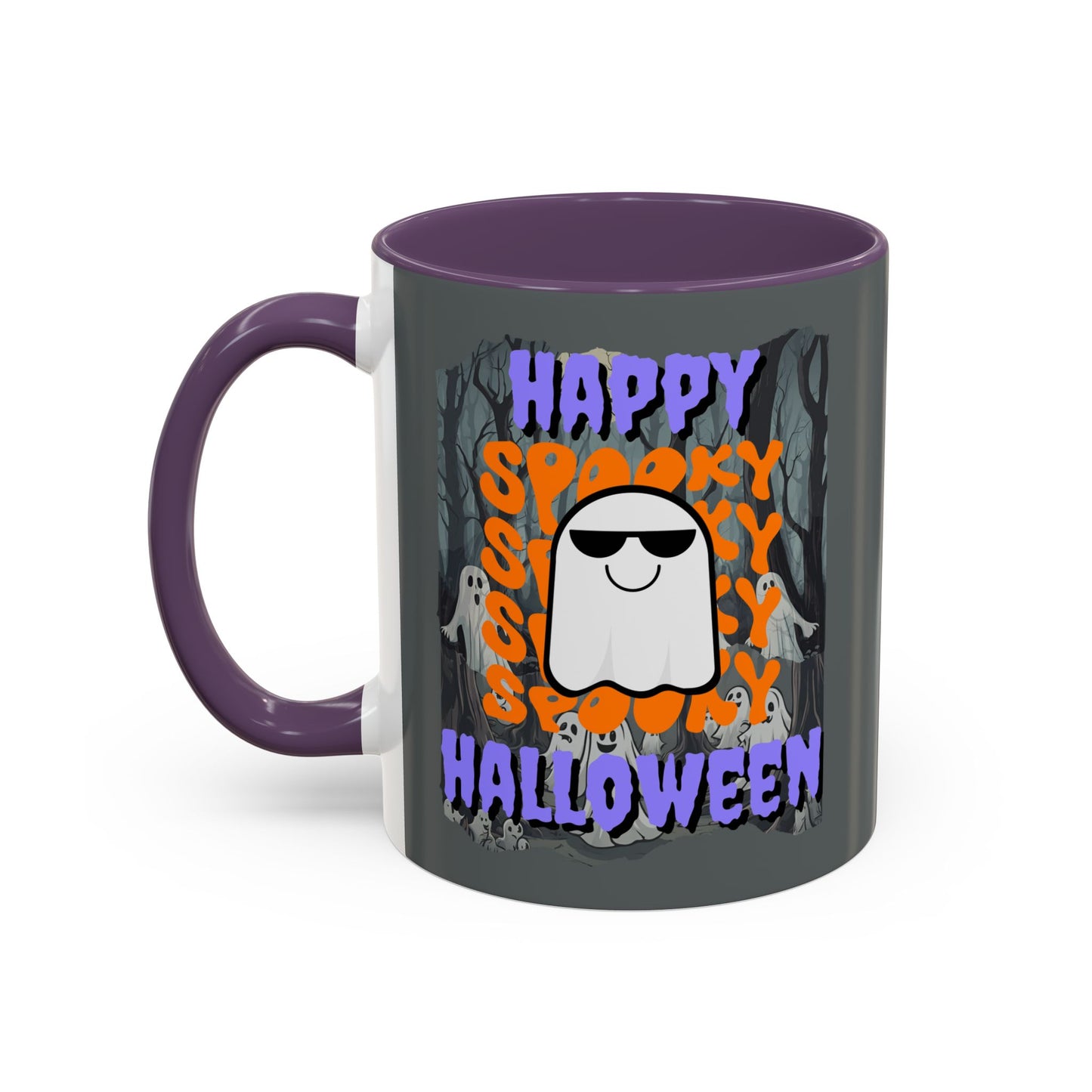 Spooky Happy Halloween Ghost Purple font Grey Accent Mug by CreepyCrafts.boo