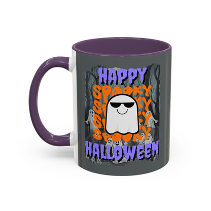 Spooky Happy Halloween Ghost Purple font Grey Accent Mug by CreepyCrafts.boo