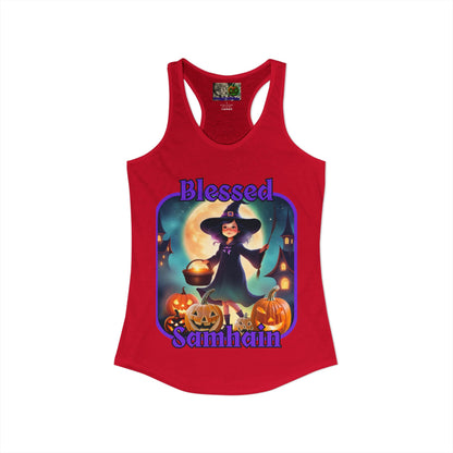 Blessed Samhain Little Witch Purple font Women's Racerback Tank Top by CreepyCrafts.boo