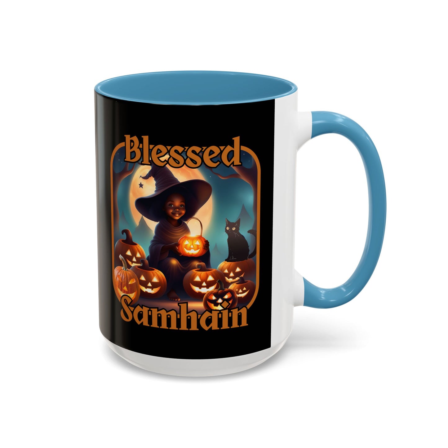 Blessed Samhain Cute Witch Orange font Black Accent Mug by CreepyCrafts.boo