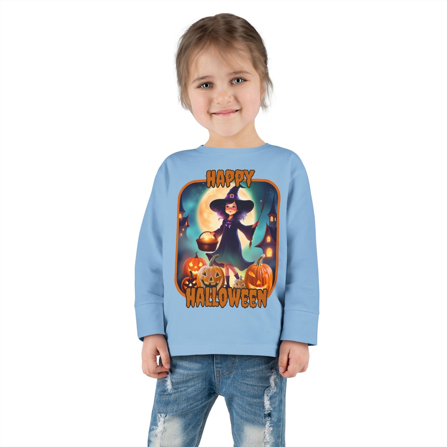 Happy Halloween Little Witch Orange font Toddler Long Sleeve Tee by CreepyCrafts.boo