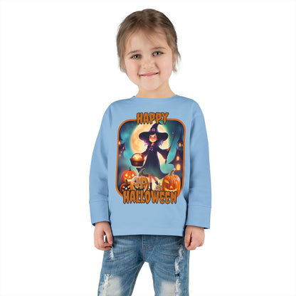 Happy Halloween Little Witch Orange font Toddler Long Sleeve Tee by CreepyCrafts.boo