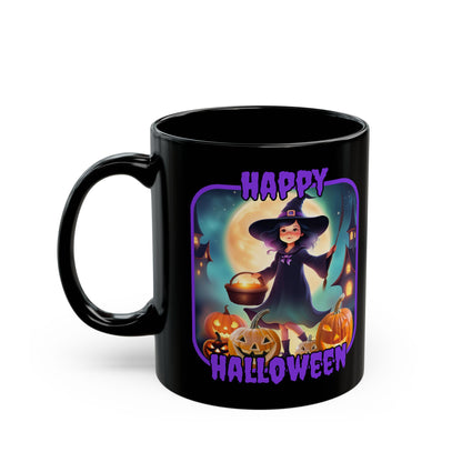 Happy Halloween Little Witch Purple font Black Mug by CreepyCrafts.boo