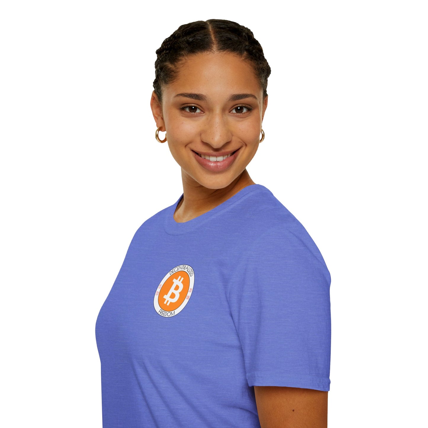 2-sided Bitcoin (BTC) Decentralized Freedom LTcolors Unisex T-Shirt by cypherpunkgear