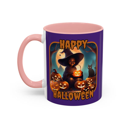 Happy Halloween Cute Witch Orange font Purple Accent Mug by CreepyCrafts.boo