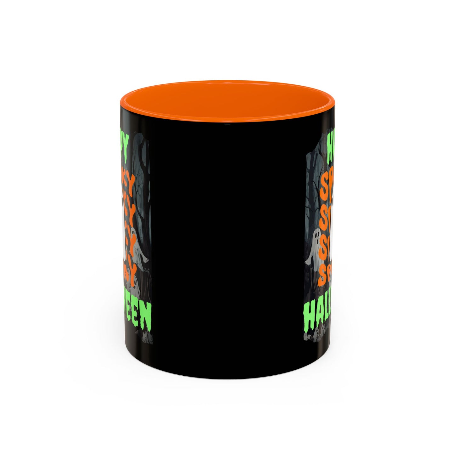 Spooky Happy Halloween Ghost Green font Black Accent Mug by CreepyCrafts.boo