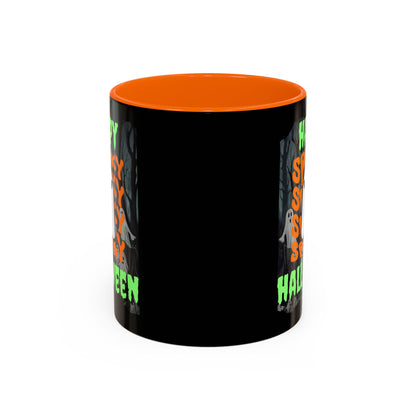 Spooky Happy Halloween Ghost Green font Black Accent Mug by CreepyCrafts.boo