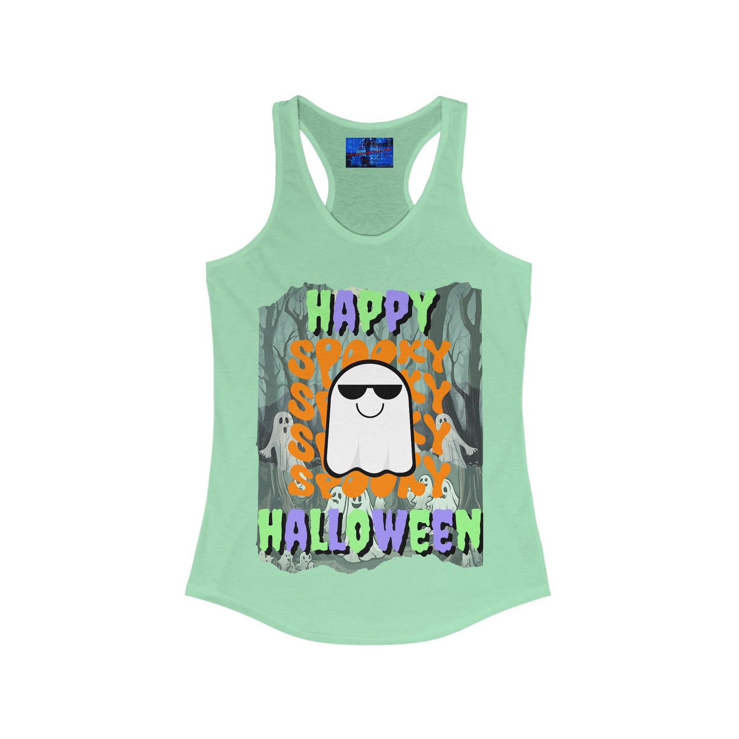 Spooky Happy Halloween Ghost MXfont Women's Racerback Tank Top by cypherpunkgear