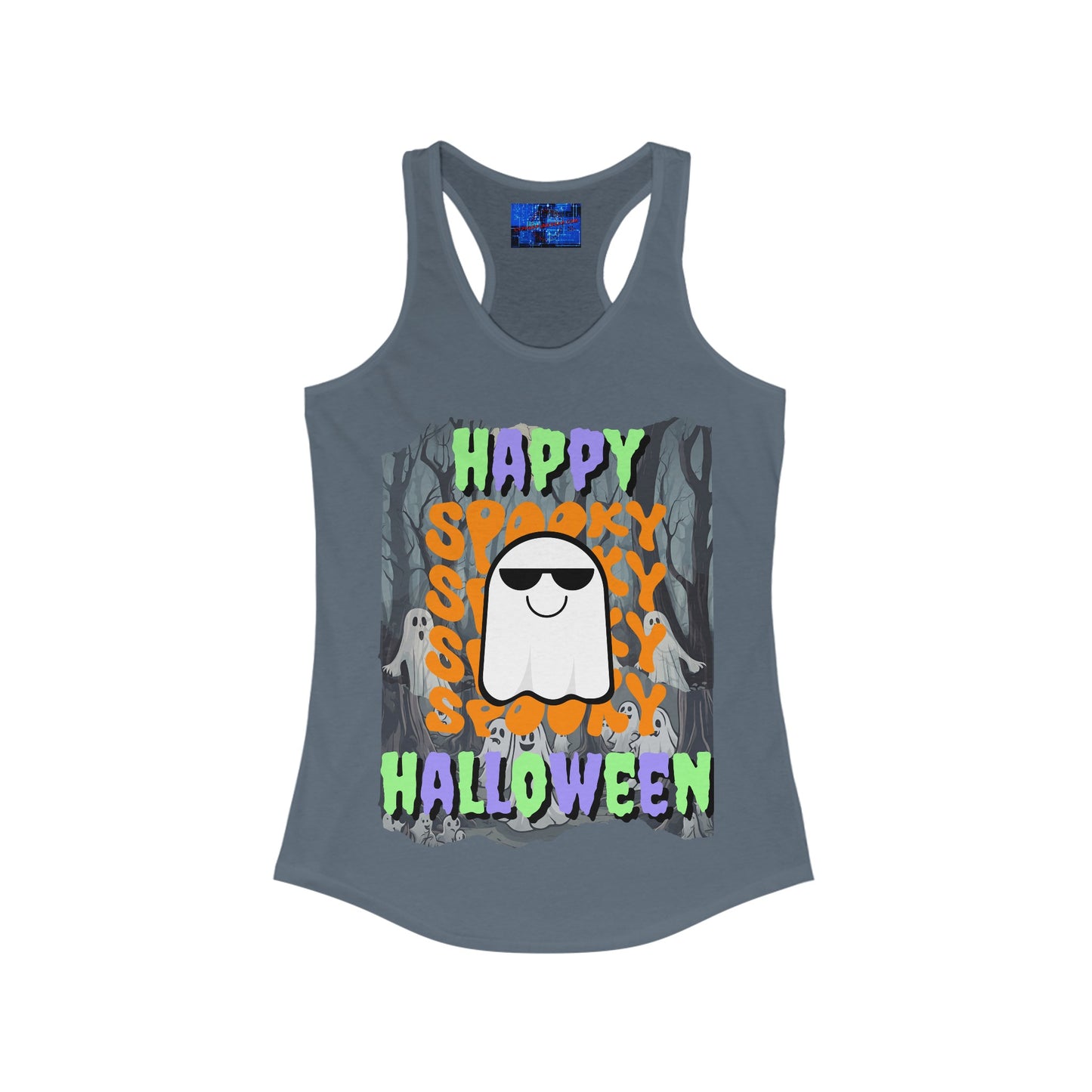 Spooky Happy Halloween Ghost MXfont Women's Racerback Tank Top by cypherpunkgear