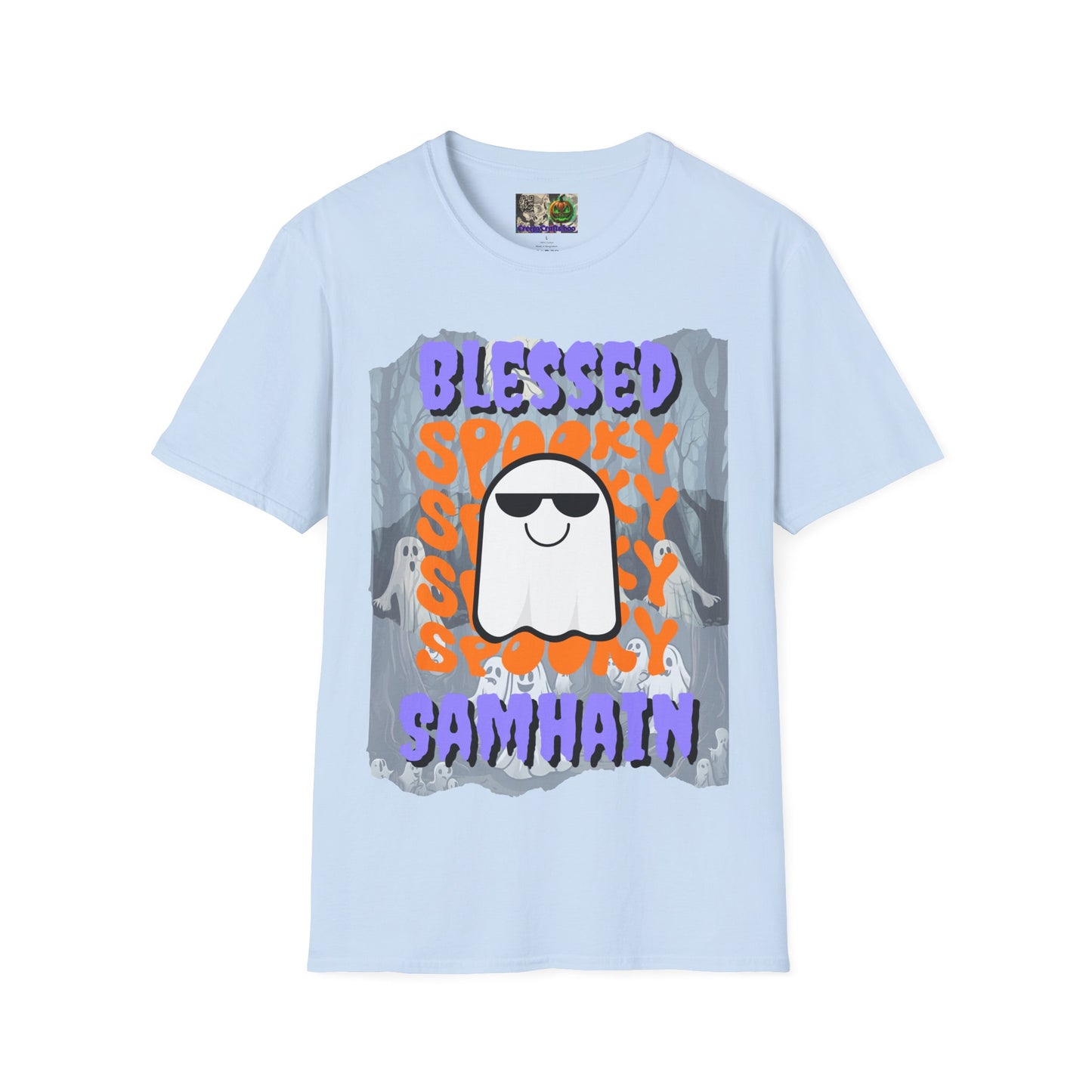 Spooky Blessed Samhain Ghost Purple font Unisex T-Shirt by CreepyCrafts.boo