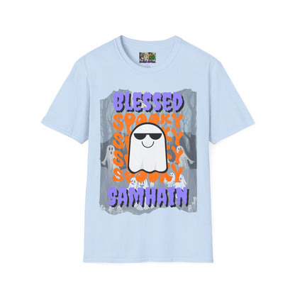 Spooky Blessed Samhain Ghost Purple font Unisex T-Shirt by CreepyCrafts.boo