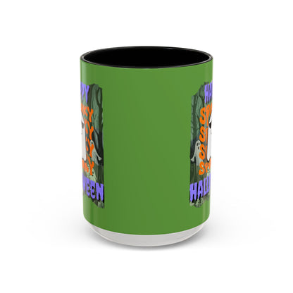 Spooky Happy Halloween Ghost Purple font Green Accent Mug by CreepyCrafts.boo