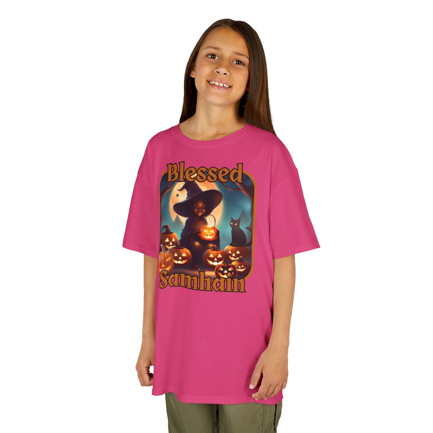 Blessed Samhain Cute Witch Orange font Kids Heavy Cotton™ Tee by CreepyCrafts.boo