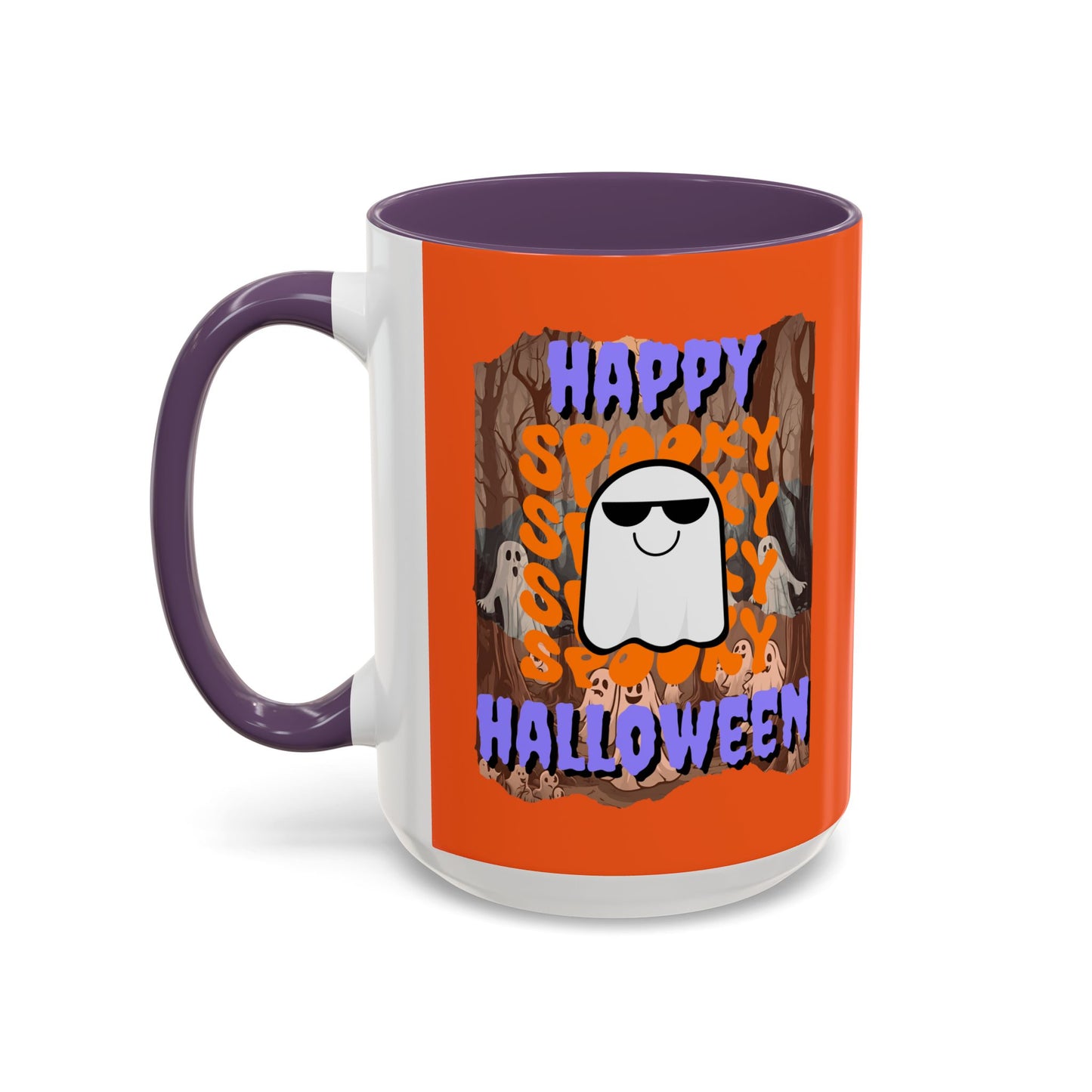 Spooky Happy Halloween Ghost Purple font Orange Accent Mug by CreepyCrafts.boo