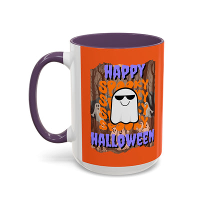 Spooky Happy Halloween Ghost Purple font Orange Accent Mug by CreepyCrafts.boo