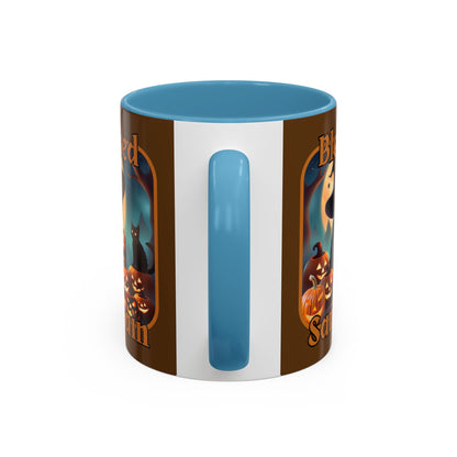 Blessed Samhain Cute Witch Orange font Brown Accent Mug by CreepyCrafts.boo