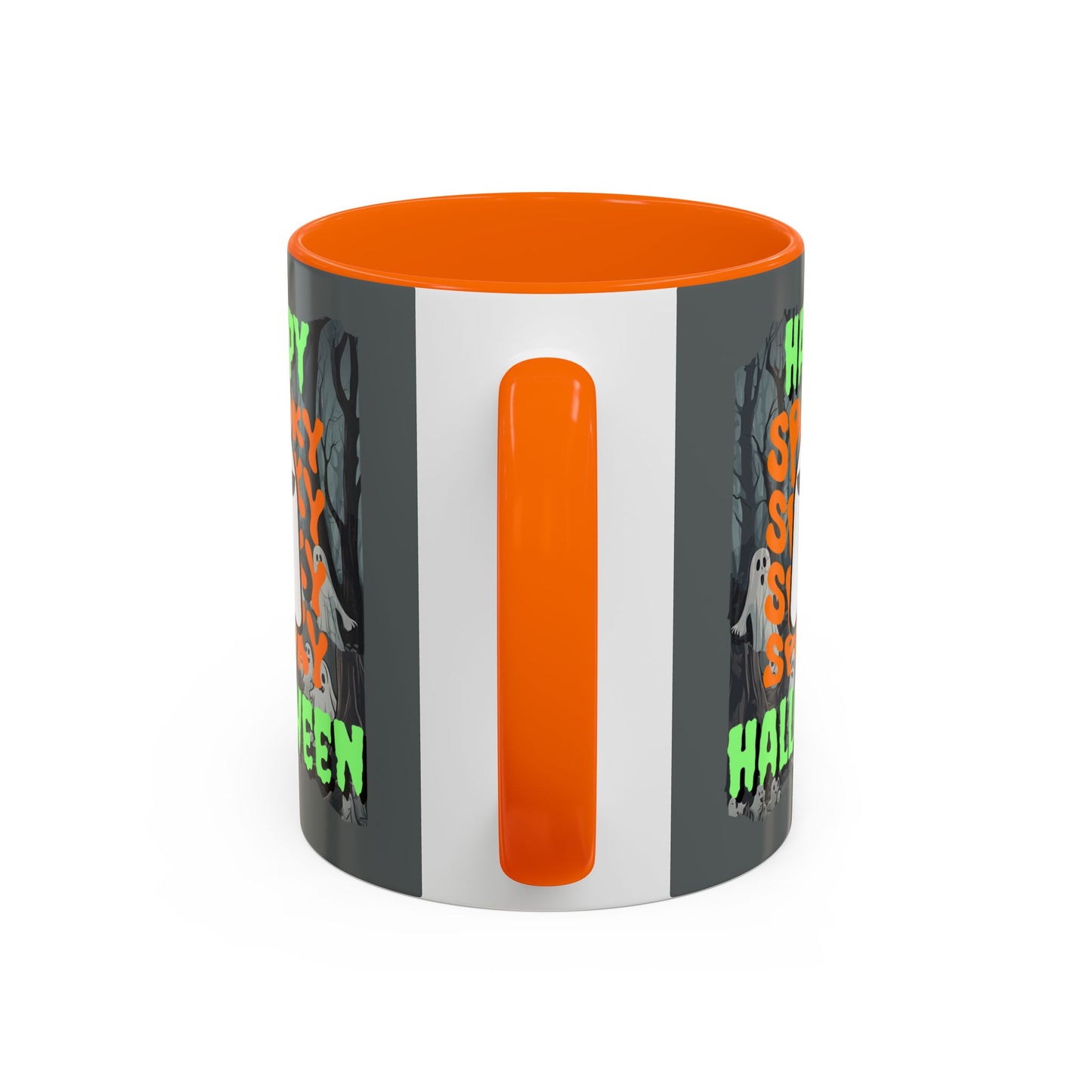 Spooky Happy Halloween Ghost Green font Grey Accent Mug by CreepyCrafts.boo