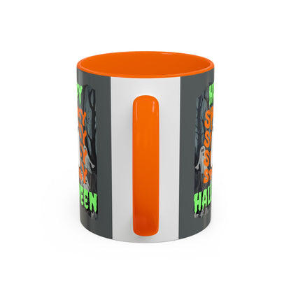 Spooky Happy Halloween Ghost Green font Grey Accent Mug by CreepyCrafts.boo