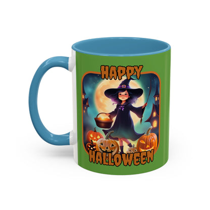 Happy Halloween Little Witch Orange font Green Accent Mug by CreepyCrafts.boo