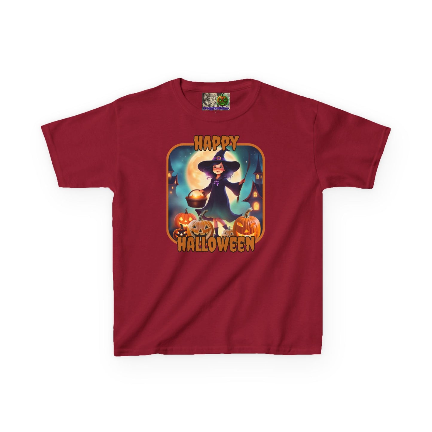 Happy Halloween Little Witch Orange font Kids Heavy Cotton™ Tee by CreepyCrafts.boo