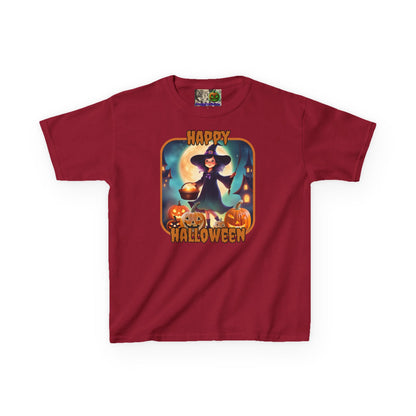 Happy Halloween Little Witch Orange font Kids Heavy Cotton™ Tee by CreepyCrafts.boo