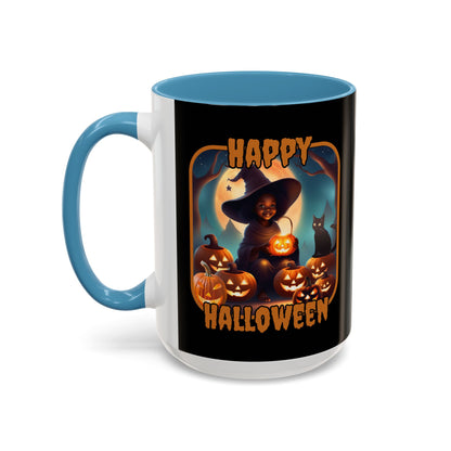 Happy Halloween Cute Witch Orange font Black Accent Mug by CreepyCrafts.boo
