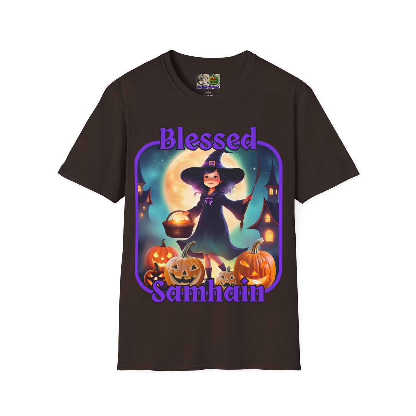 Blessed Samhain Little Witch Purple font Dark colors Unisex T-Shirt by CreepyCrafts.boo