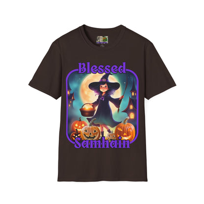 Blessed Samhain Little Witch Purple font Dark colors Unisex T-Shirt by CreepyCrafts.boo