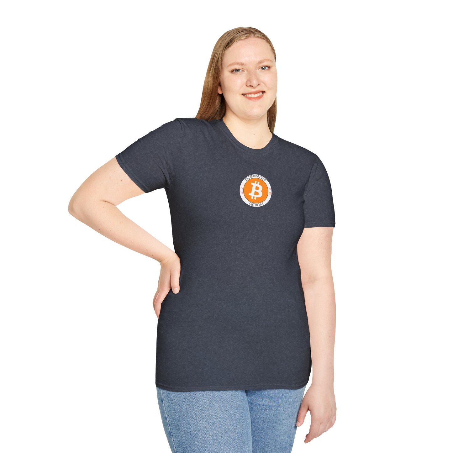 2-sided, Bitcoin (BTC) Decentralized Freedom Dark colors Unisex T-Shirt by cypherpunkgear.com