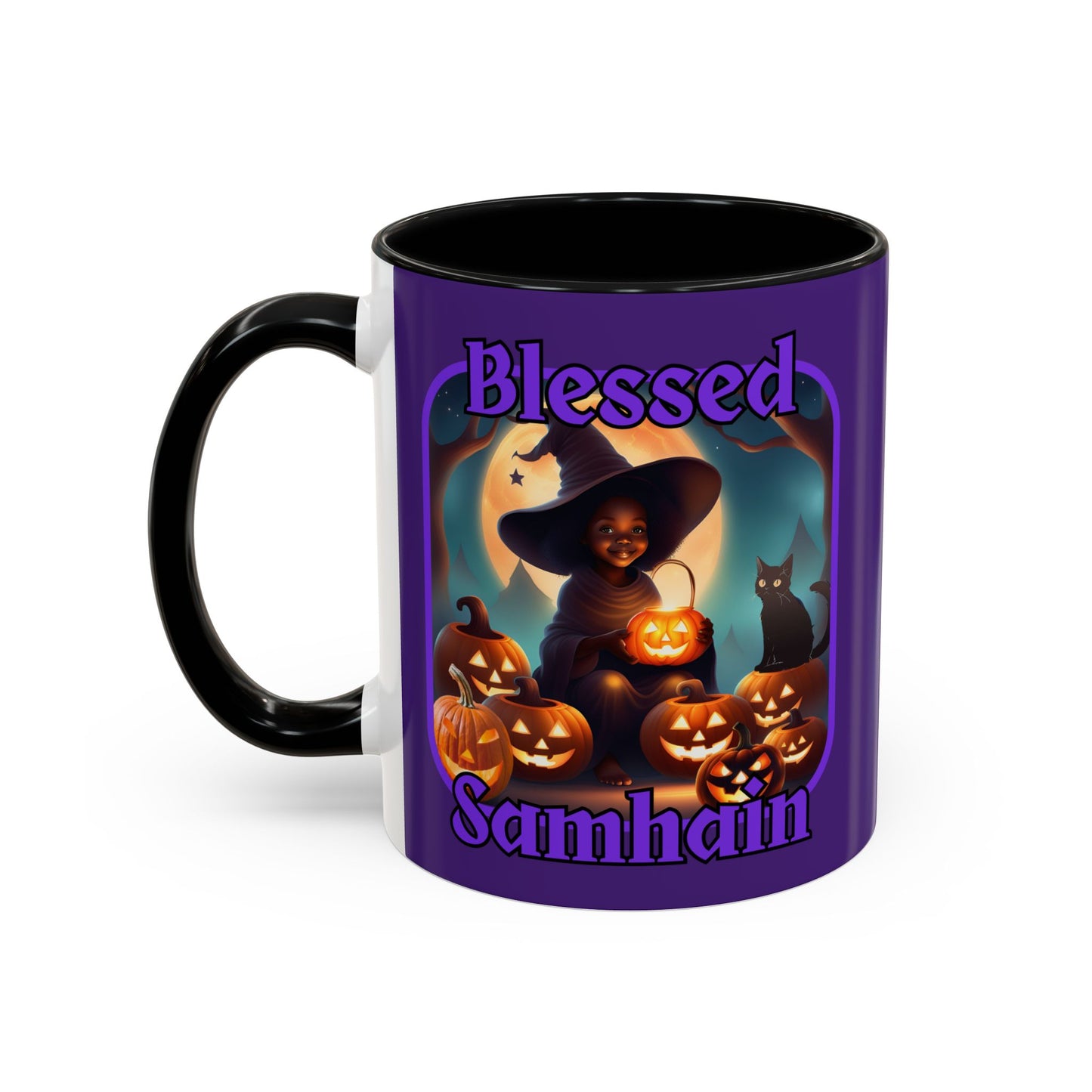 Blessed Samhain Cute Witch Purple font Purple Accent Mug by CreepyCrafts.boo