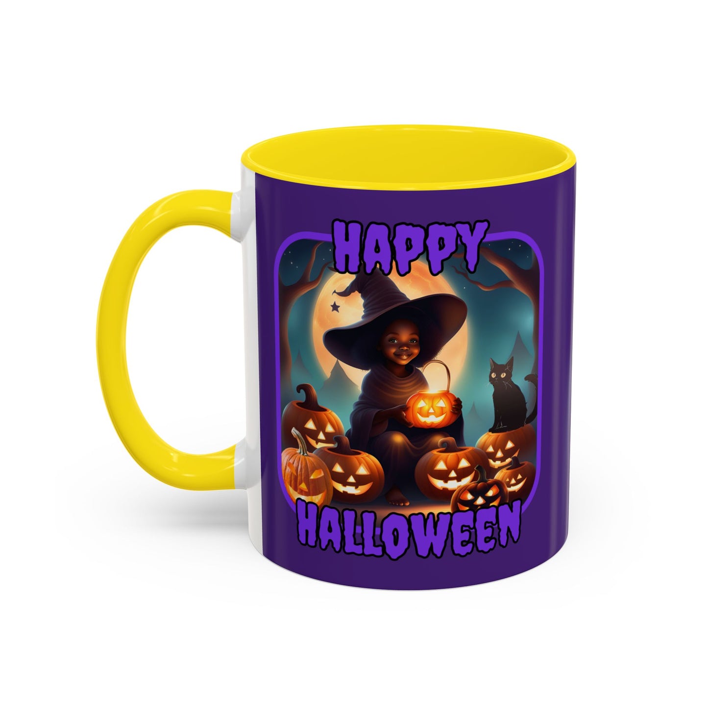 Happy Halloween Cute Witch Purple font Purple Accent Mug by CreepyCrafts.boo