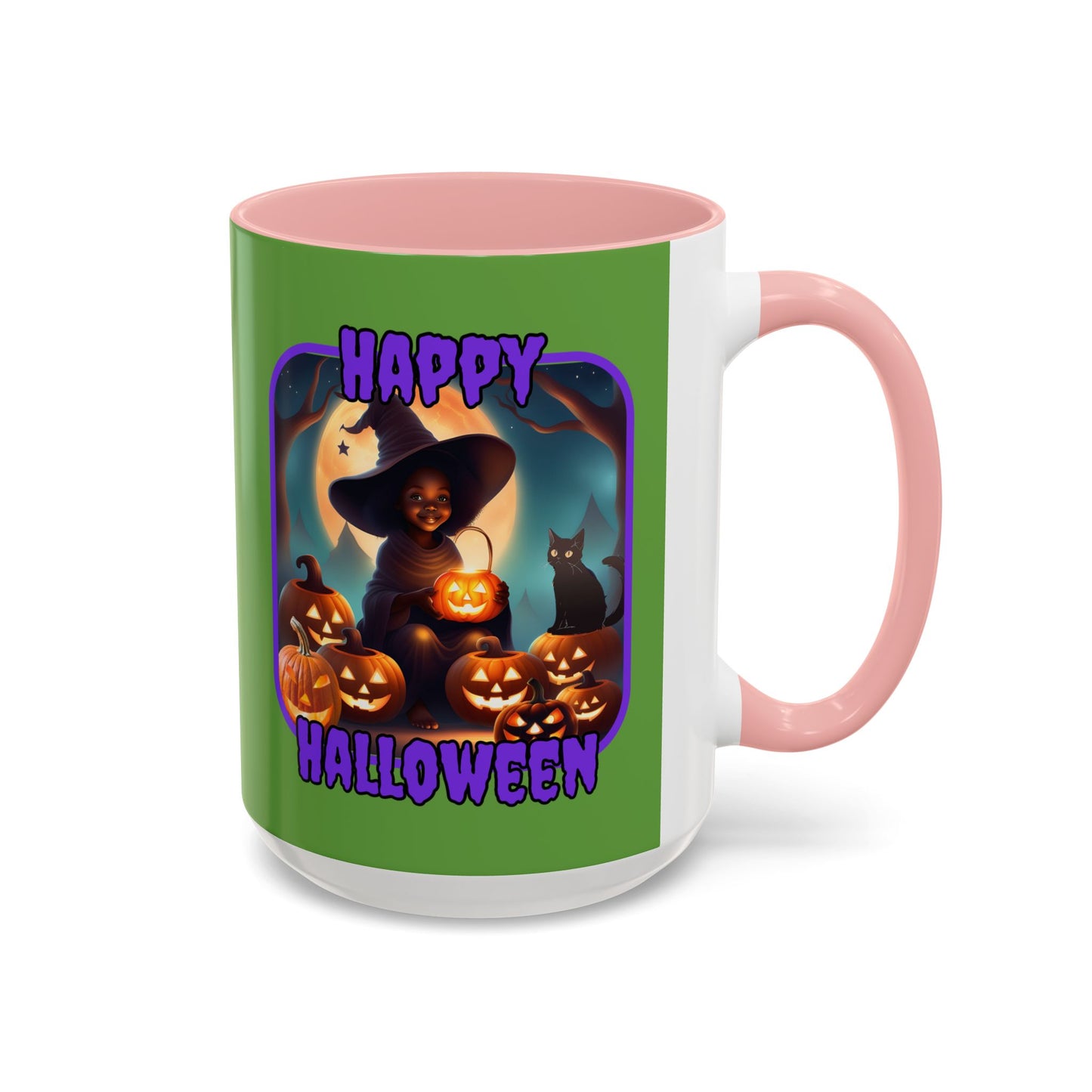 Happy Halloween Cute Witch Purple font Green Accent Mug by CreepyCrafts.boo
