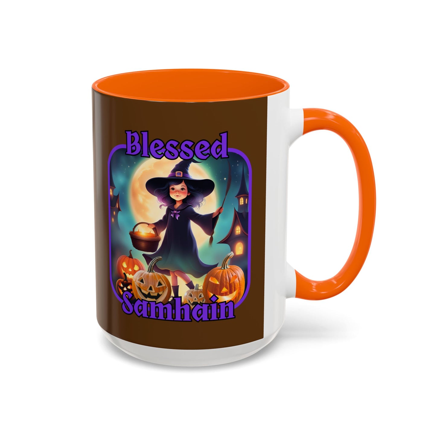 Blessed Samhain Little Witch Purple font Brown Accent Mug by CreepyCrafts.boo