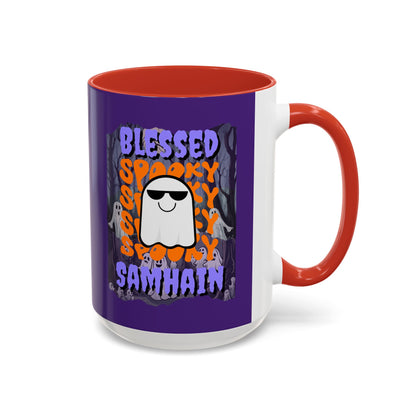 Spooky Blessed Samhain Ghost Purple font Accent Mug by CreepyCrafts.boo