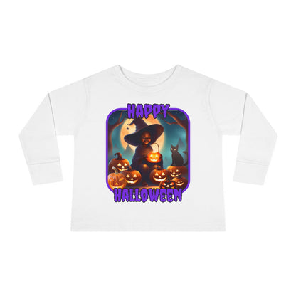 Happy Halloween Cute Witch Purple font Toddler Long Sleeve Tee by CreepyCrafts.boo