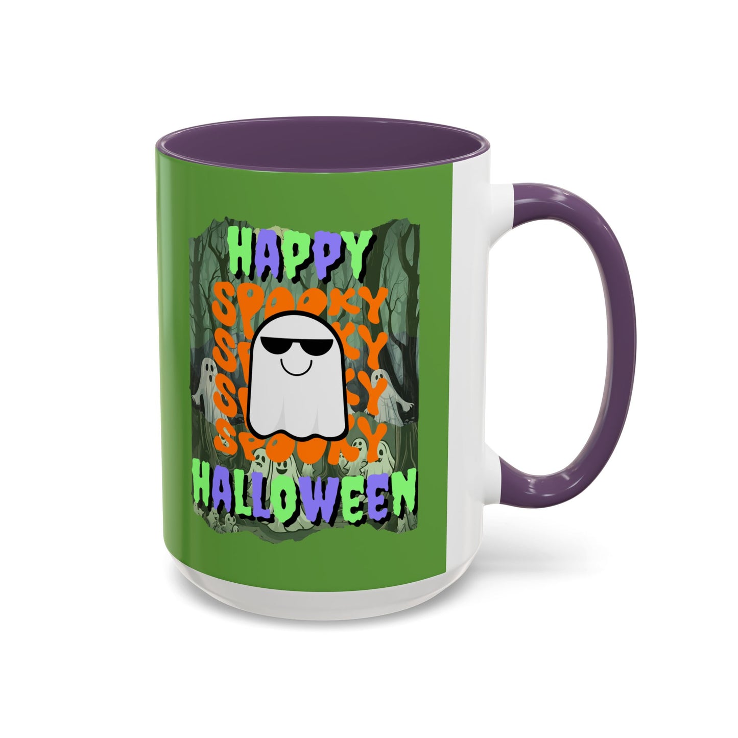 Spooky Happy Halloween Ghost Mixed font Green Accent Mug by CreepyCrafts.boo